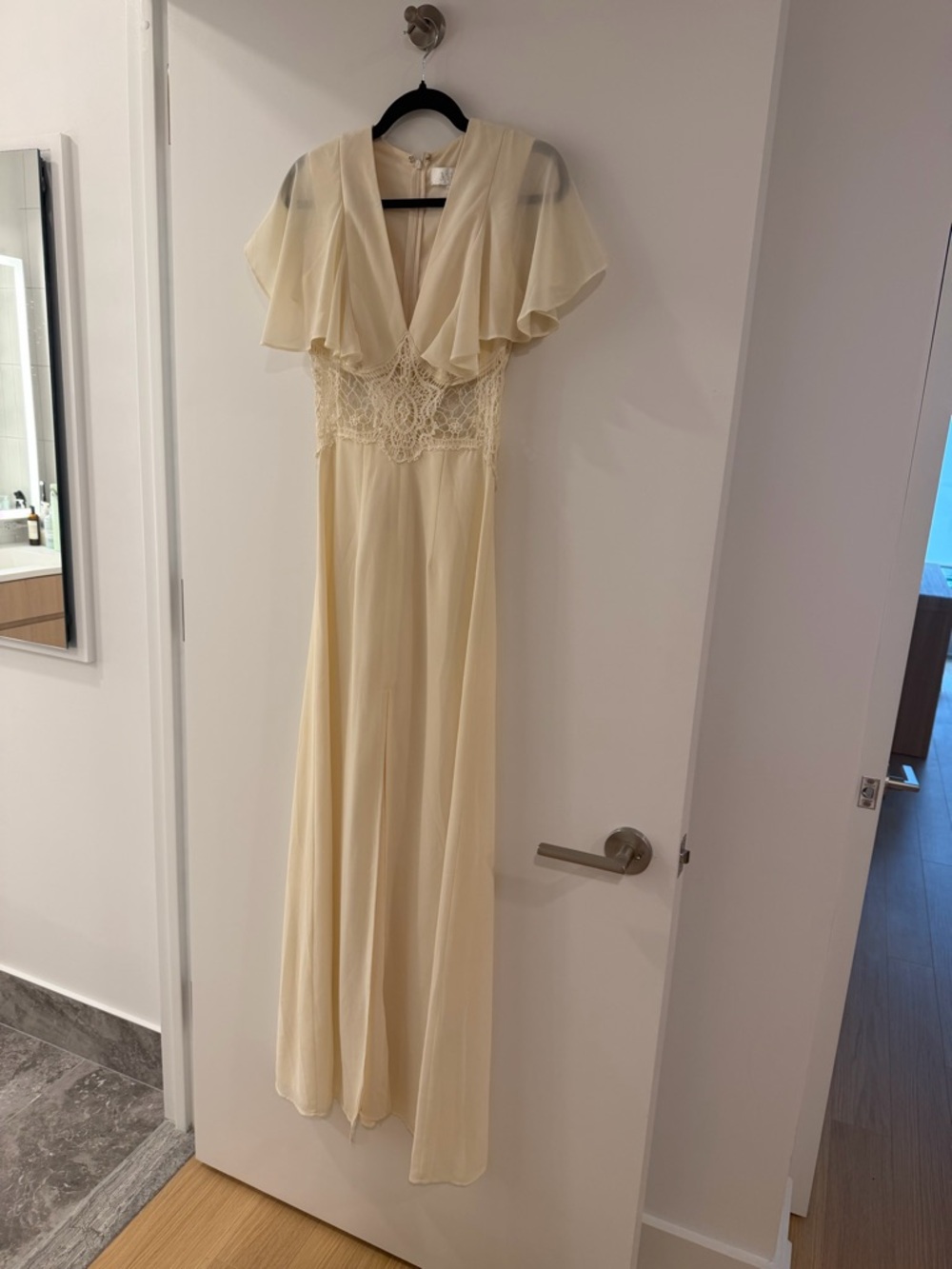 Jarlo Light Yellow/Ivory Lace-Waist Maxi Dress with Flutter Sleeves